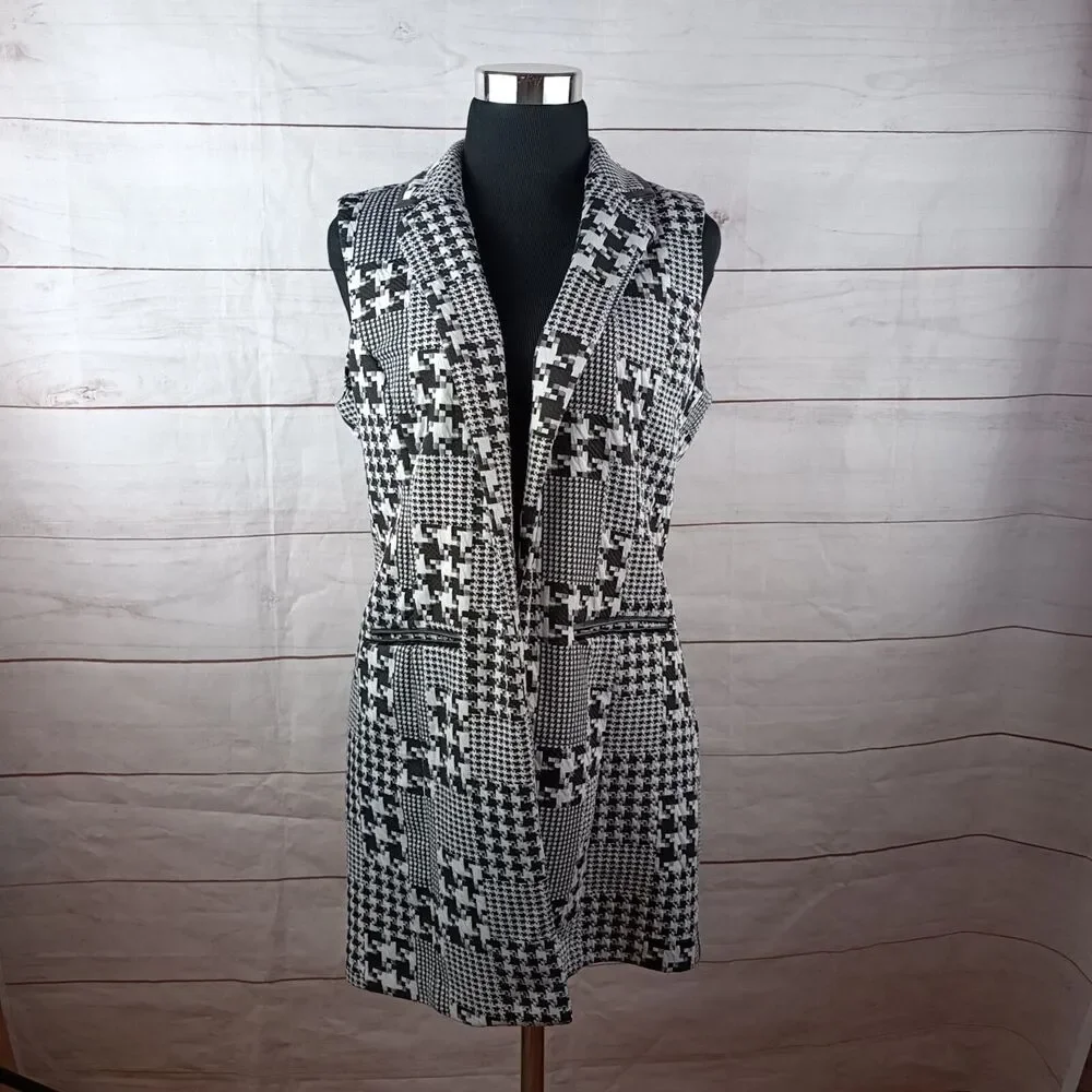 Woman's open sleeveless blazer cardigan houndstooth black white collar Large - Picture 3 of 15